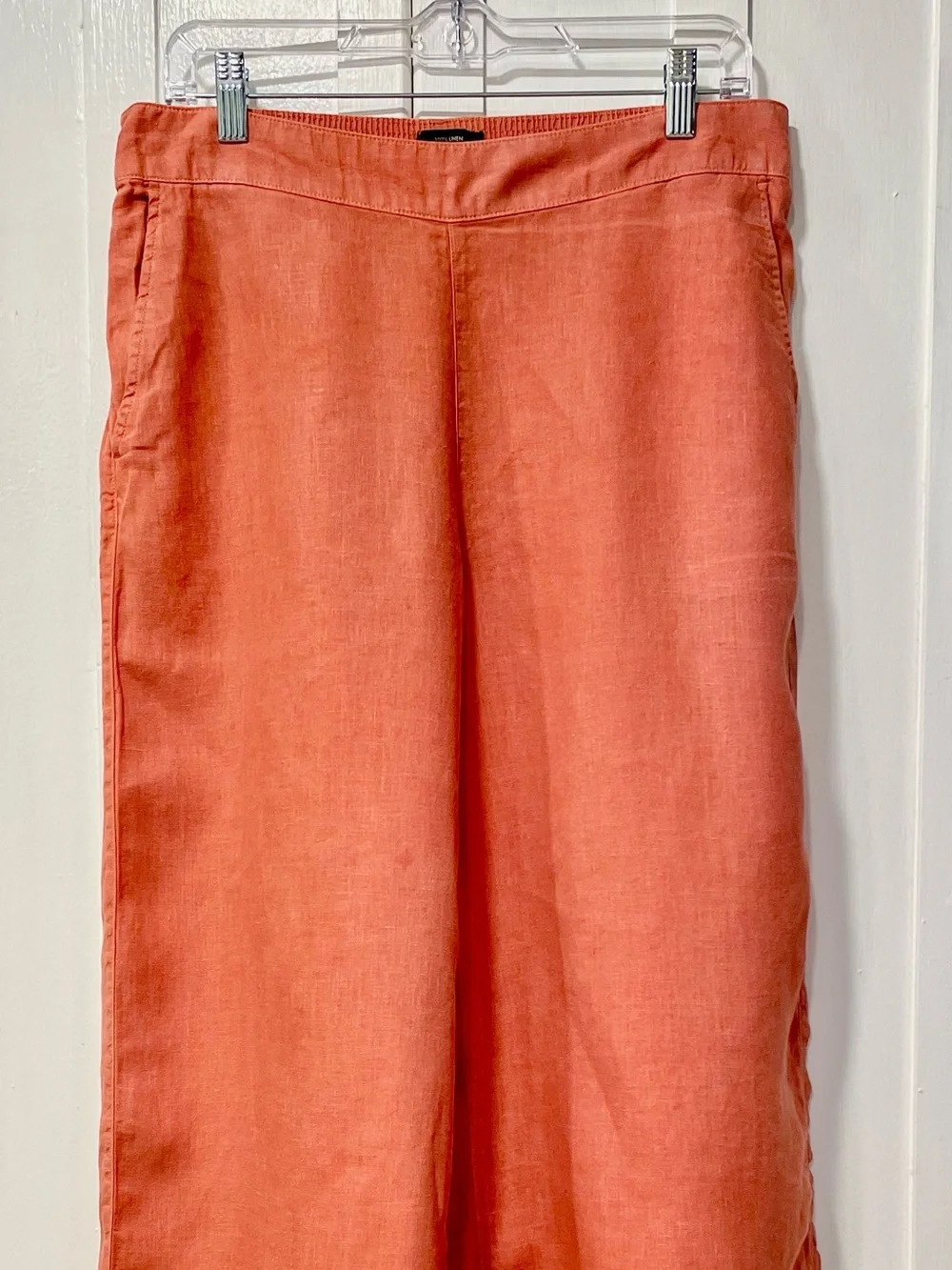 Tahari 100% Linen Coral Orange Wide Leg Crop Pants Elastic Back Waist Size L - Picture 4 of 9